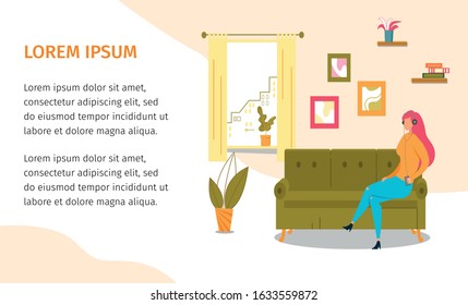 Woman in Headset Listening to Music Rest at Home. Girl Sitting on Soft Sofa. Living Room Interior. Flat Poster with Responsive Design. Music as Best Meditation. Hobby and Relax. Vector Illustration