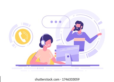 Woman with headset is sitting at her computer and  talking with client. Clients assistance, call center, hotline operator, consultant manager, technical support and customer care. Vector illustration.
