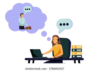 Woman with headset is sitting at her computer and talking with client. Clients assistance, call center, hotline operator, consultant manager, technical support and customer care. Vector illustration.