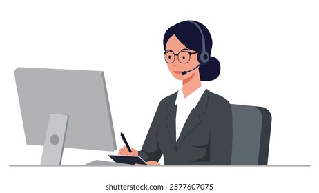 A woman with a headset sitting at her desk, taking notes on a tablet while working on a computer in a professional setting