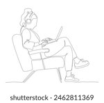 Woman in headset using notebook and sitting in armchair. Side view. Continuous line drawing. Black and white vector illustration in line art style.
