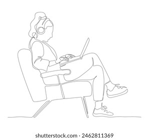 Woman in headset using notebook and sitting in armchair. Side view. Continuous line drawing. Black and white vector illustration in line art style.