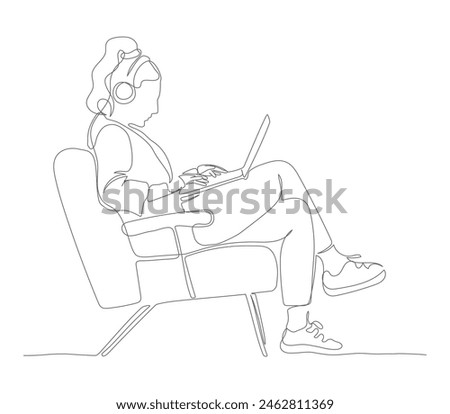 Woman in headset using notebook and sitting in armchair. Side view. Continuous line drawing. Black and white vector illustration in line art style.