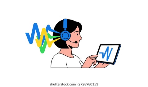 Mulher com fone de ouvido usando tablet com ondas de áudio