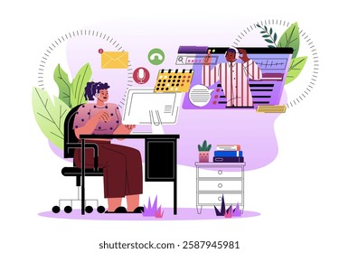A woman in a headset working on a computer while communicating with a colleague via video call. Various digital elements represent online collaboration. Vector illustration