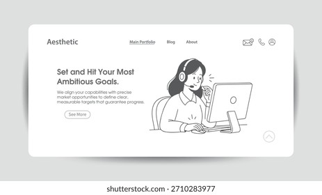 Mujer con auriculares trabajando en la computadora en Vector de ilustración de Sitio web dibujado a mano
