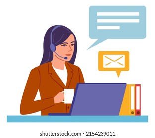 Woman in headset working on laptop. Customer help service