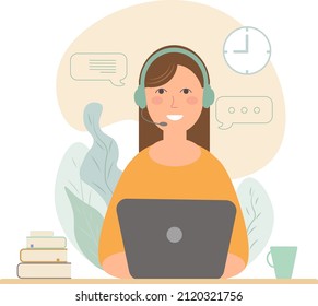 Woman with headsets talking with client vector illustration.Customer service agent support talking on the phone, worker online communication study meeting online, freelance workplace.Helpdest concept.