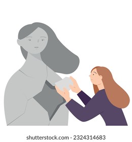 A woman is healing her fragmented self.  simple vector illustration.