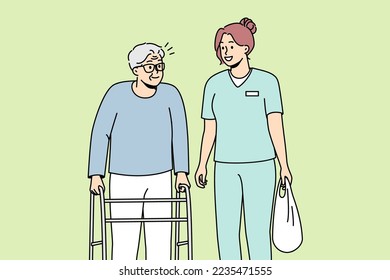 Woman health care worker helps elderly disabled person with walking frame. Medical professional carries bag of physically handicapped old man with walker. Vector line art multicolored illustration.