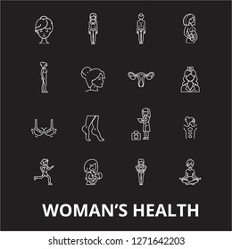 Woman health editable line icons vector set on black background. Woman health white outline illustrations, signs, symbols