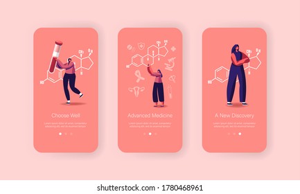 Woman Health, Gynecology Medicine Check Up Mobile App Page Onboard Screen Template. Tiny Female Character at Huge Medical Estrogen Formula, Hormonal Therapy Concept. Cartoon People Vector Illustration