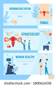 Woman health, gynecology vector illustration set. Cartoon flat infographic banner collection of female reproductive system scheme, gynecologist doctor appointment, gynecological hospital healthcare