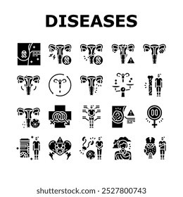 mulher saúde ícones de cuidados médicos definir vetor. câncer de mama, endometriose, menstrual, osteoporose, desequilíbrio hormonal, menopausa saúde da mulher saúde glifo pictograma Ilustrações