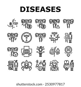 mulher saúde ícones de cuidados médicos definir vetor. câncer de mama, endometriose, menstrual, osteoporose, desequilíbrio hormonal, menopausa mulher saúde cuidados médicos contorno preto ilustrações