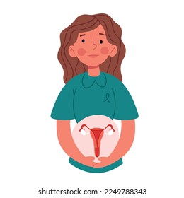 Woman health. Pain in uterus. Gynecology problems.Flat vector isolated illustration