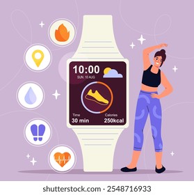 Woman with health tracker. Young girl stretches near smart watch. Active lifestyle and sports, workout and fitness. Runner with watches. Flat vector illustration isolated on white background