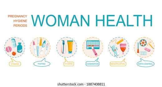 Woman health word vector infographic illustration with icons for gynecology,female treatment,baby planning,tools,pregnancy,menstruation,hygiene.Bubble retro messages for every part of medical business