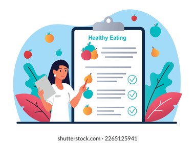 Woman with healthy eating. Nutritionist draws up nutrition plan, diet. Vegetables and fruits, healthy food with vitamins and minerals. Habits corrective workshop. Cartoon flat vector illustration