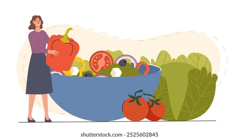 Mulher com alimentação saudável. Menina jovem com tigela de produtos naturais e orgânicos com vitaminas. Tomates, pimentos e alface, repolho. Ilustração de vetor plano isolada no plano de fundo branco