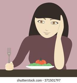 Woman and healthy food, vector illustration. Vegetarian.