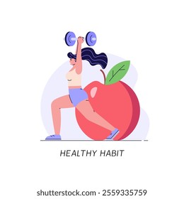 Woman with healthy habits. Physical and mental wellness. Women doing yoga exercises, planning diet and meditating. Concept of healthy sleep, health diet, workout and gym. Vector illustration