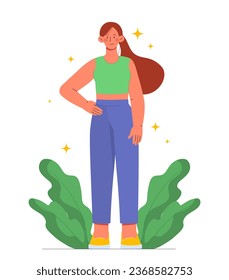 Woman with healthy lifestyle concept. Young girl near leaves. Happy athlete and sportswoman outdoor. Poster or banner for website. Cartoon flat vector illustration isolated on white background