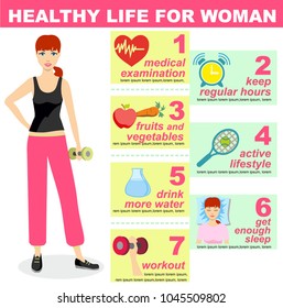 Woman healthy lifestyle infographics. Diet food, positive living is healthy girl illustration. Fitness woman, sport infographic icons.