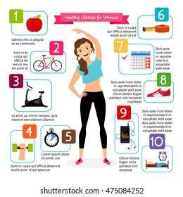 Woman healthy lifestyle infographics. Diet food, sports heart, positive living is healthy girl vector illustration