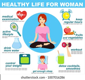 Woman healthy lifestyle infographics. Fitness, healthy food and active living.