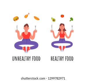 A woman with a healthy meal and a woman with a junk food. Vector illustration in cartoon style.