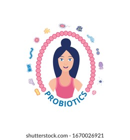 Woman with healthy skin cartoon character surrounded with probiotics icons, flat vector illustration isolated on white background. Eating foods with lactic acid bacteria