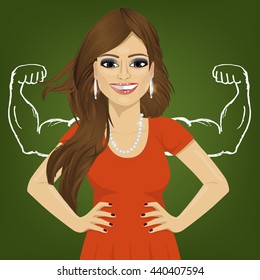 Woman with healthy strong arm muscles standing with hands on hips. Reality vs ambition wishful thinking concept