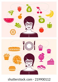 Woman with healthy and unhealthy food