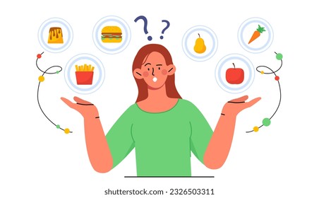 Woman with healthy and unhealthy food concept. Comparison of products and choice of diet and healthy lifestyle. Young girl with burger, vegetables and fruits. Cartoon flat vector illustration