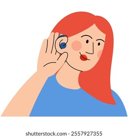 Woman with hearing aid device inserted into ear. Deaf and hear aid concept. World hearing day.