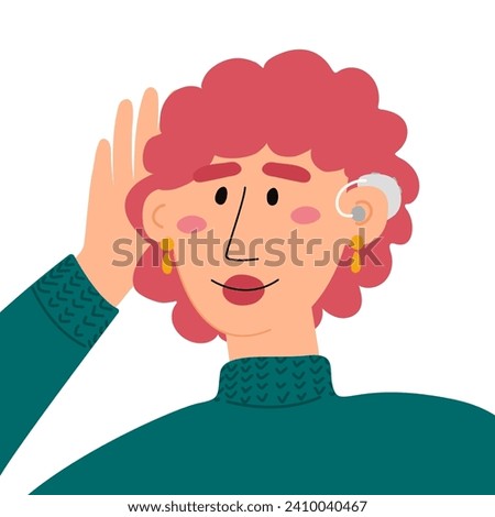 Woman with hearing aid device inserted into ear isolated on white. Deaf and hear aid concept. World hearing day.
