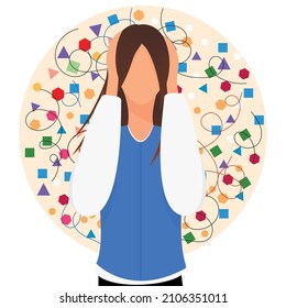 woman hears voices and obsessive thoughts holding her head with her hands. The concept of mental health. Vector illustration in a flat style