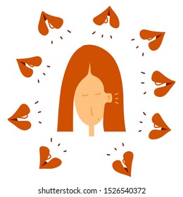 Woman hears whispers around her vector flat doodle illustration. Gossip, rumor, or secrets cartoon concept. Flying lips around face.
