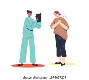 Woman With Heart Attack And Chest Pain. Doctor Cardiologist Consulting Patient. Heart Pain And Diagnosis Concept. Cartoon Flat Vector Illustration