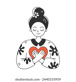 Woman with heart doodle vector illustration. Hand drawn cartoon girl holding love symbol. Kindness charity volunteering concept design. Black and white color. Isolated on white background