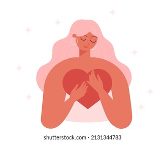 Mujer con corazón. Mujer sosteniendo un gran corazón. Autocuidado, amor a ti mismo y concepto positivo del cuerpo. Muchacha linda abrazando un gran corazón. Día Internacional de la Mujer. Ilustración del vector aislada en blanco