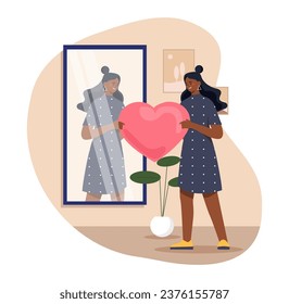 Woman with heart near mirror. Young girl wth self love and acceptance, high self esteem. Positive and optimism, feelings. Psychology and mental health. Cartoon flat vector illustration