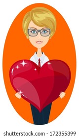woman with a heart on an orange background, vector