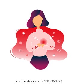 Woman with heart pain. Flat modern trendy style.Vector illustration character icon. Isolated of white background. Heart attack concept.