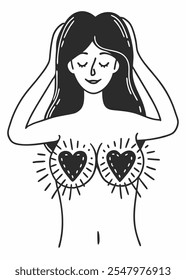 A woman with a heart shaped breast is shown with her eyes closed. The image is black and white and has a very simple and minimalistic feel to it