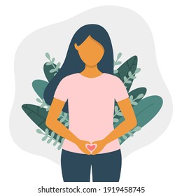 Woman With Heart Shaped Hands On Belly Flat Vector Illustration Isolated On White Background. Woman's Abdomen Health Concept.