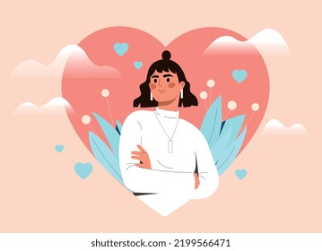 Woman in heart. Young girl on background of plants, poster or banner for website. Mindfulness, mental health and psychology. Positivity and optimism concept. Cartoon flat vector illustration