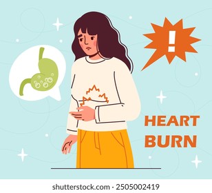 Woman with heartburn. Young girl holds her stomach with her hand. Person with food poisoning. Irritation and inflammation. Health and medicine. Flat vector illustration isolated on blue background