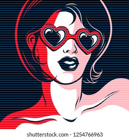 Woman in heart-shaped sunglasses. Hand drawn vector illustration.